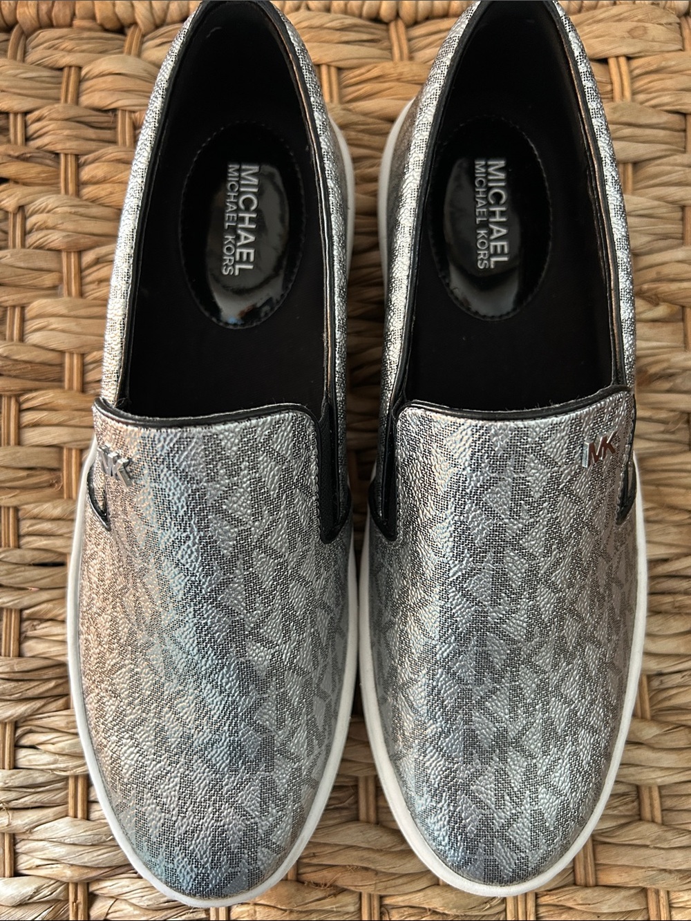 Michael Kors NWT  Silver Metallic MK Logo Slip-On Sneakers